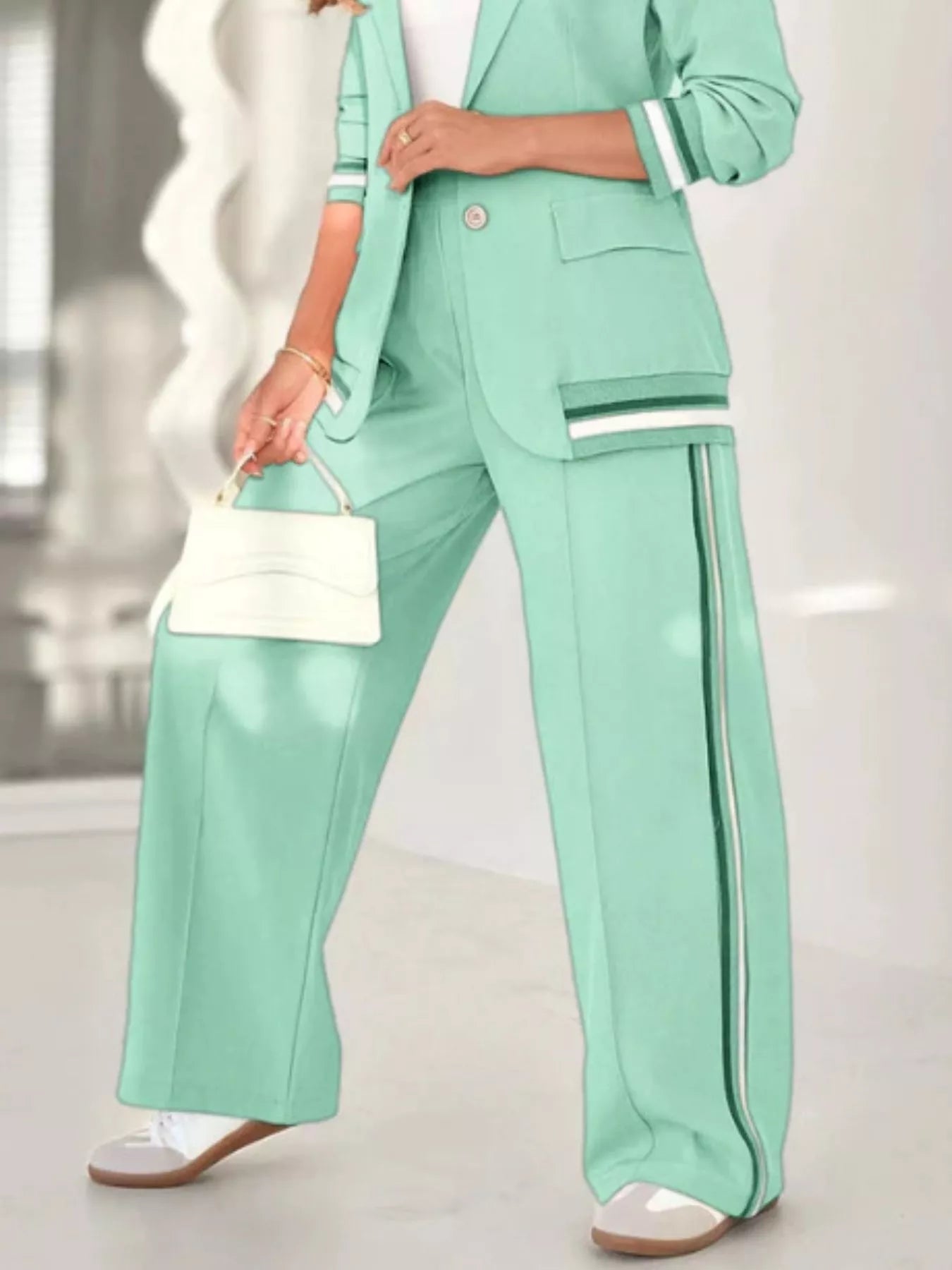 Full Size Striped Trim Button Down Jacket and Pants Set Plus Size - Rochelle's House LLC