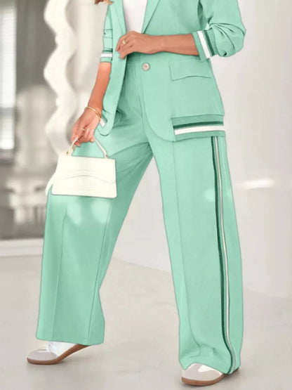 Full Size Striped Trim Button Down Jacket and Pants Set Plus Size - Rochelle's House LLC