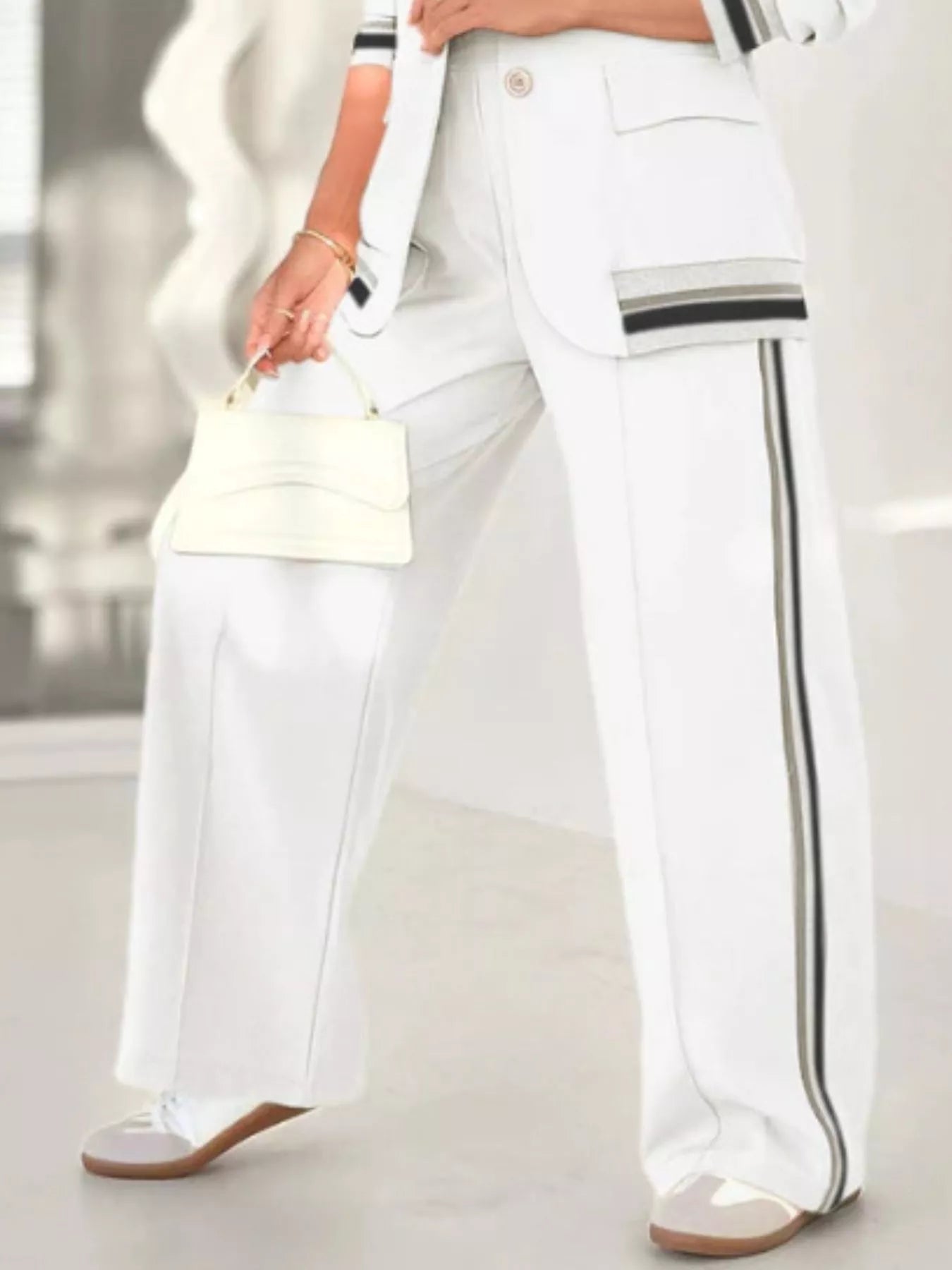 Full Size Striped Trim Button Down Jacket and Pants Set Plus Size - Rochelle's House LLC