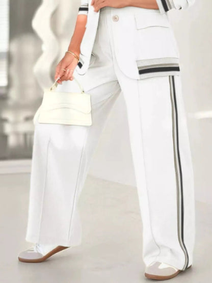 Full Size Striped Trim Button Down Jacket and Pants Set Plus Size - Rochelle's House LLC