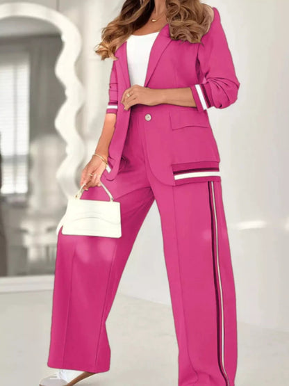 Full Size Striped Trim Button Down Jacket and Pants Set Plus Size - Rochelle's House LLC