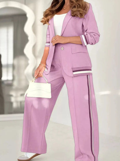 Full Size Striped Trim Button Down Jacket and Pants Set Plus Size - Rochelle's House LLC