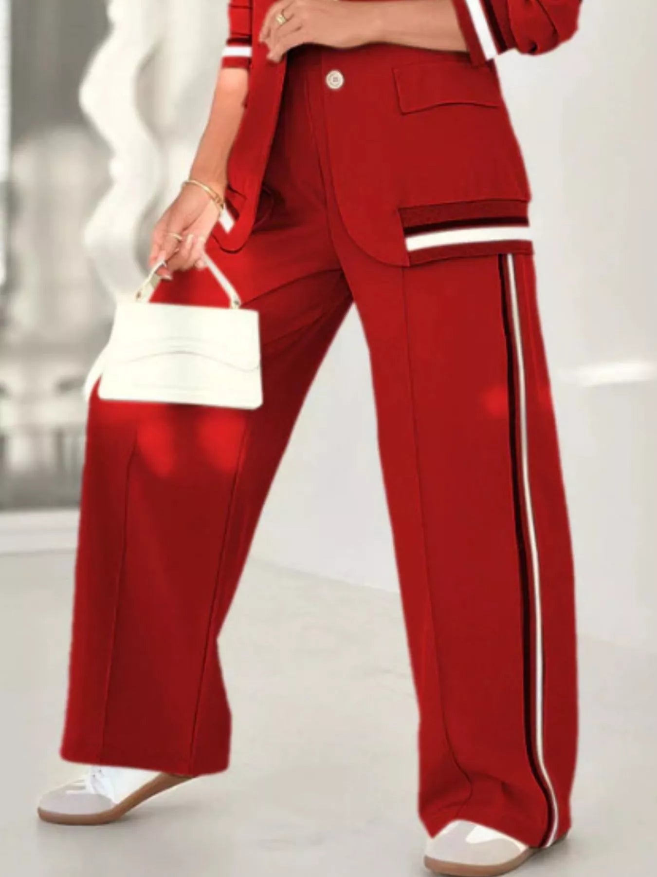 Full Size Striped Trim Button Down Jacket and Pants Set Plus Size - Rochelle's House LLC