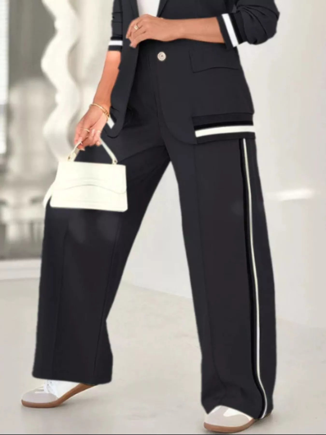 Full Size Striped Trim Button Down Jacket and Pants Set Plus Size - Rochelle's House LLC