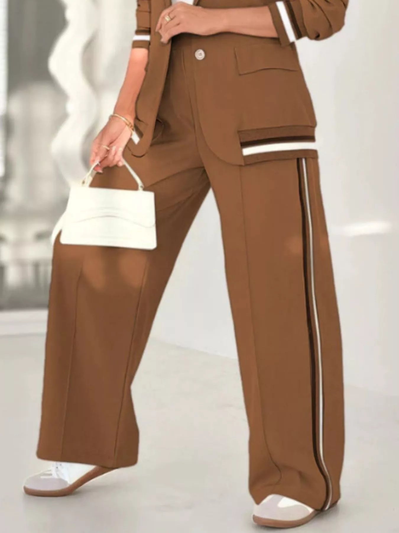 Full Size Striped Trim Button Down Jacket and Pants Set Plus Size - Rochelle's House LLC