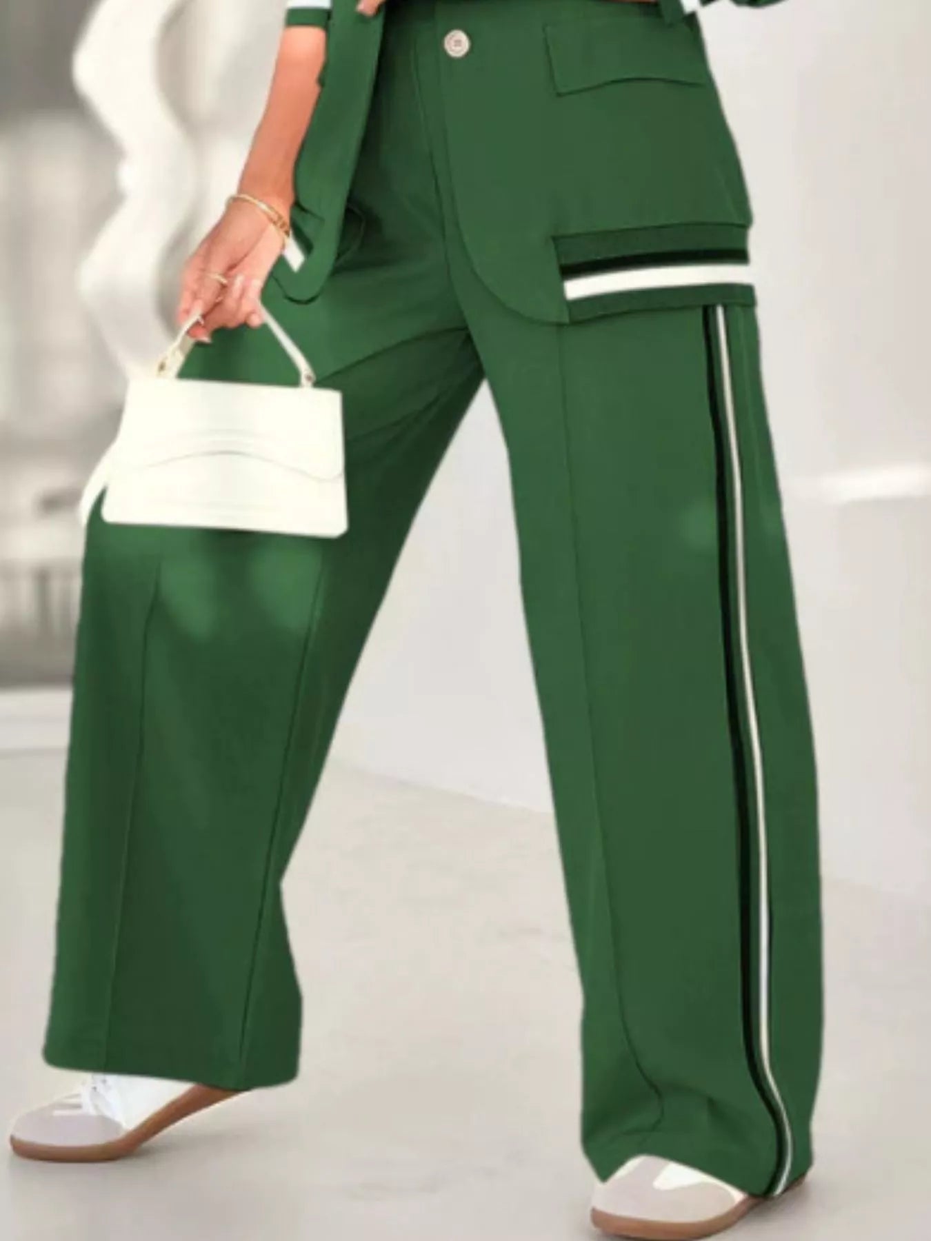 Full Size Striped Trim Button Down Jacket and Pants Set Plus Size - Rochelle's House LLC