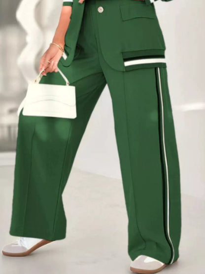 Full Size Striped Trim Button Down Jacket and Pants Set Plus Size - Rochelle's House LLC