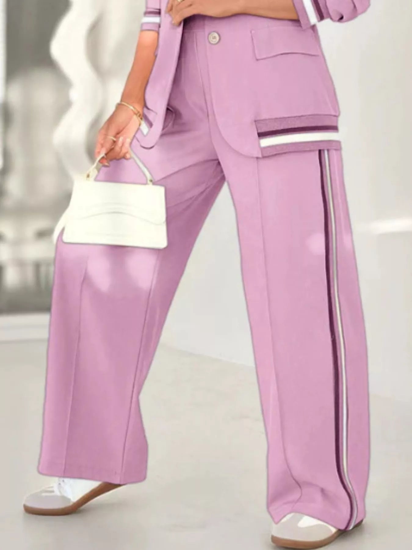 Full Size Striped Trim Button Down Jacket and Pants Set Plus Size - Rochelle's House LLC