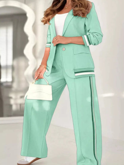 Full Size Striped Trim Button Down Jacket and Pants Set Plus Size - Rochelle's House LLC