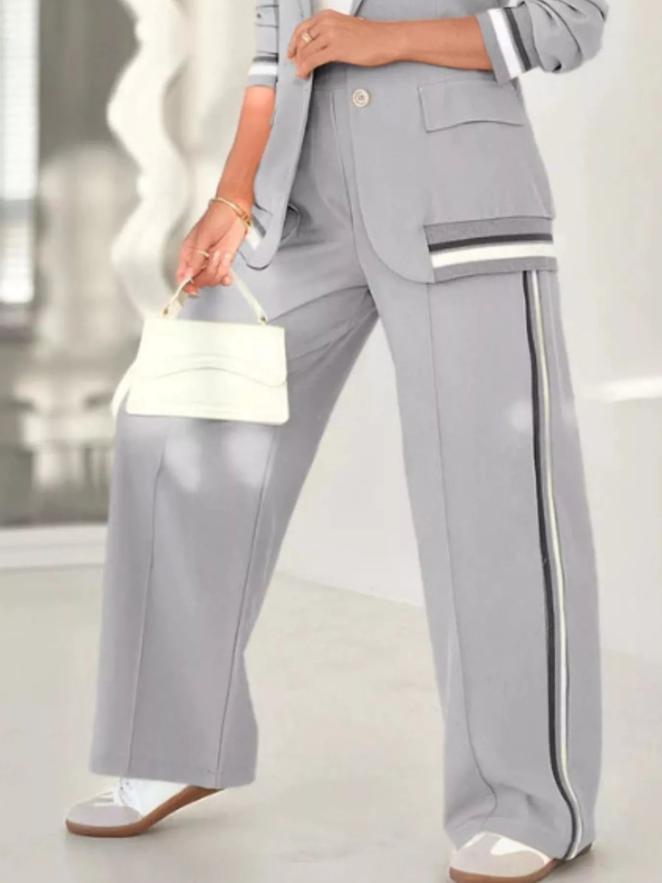 Full Size Striped Trim Button Down Jacket and Pants Set Plus Size - Rochelle's House LLC