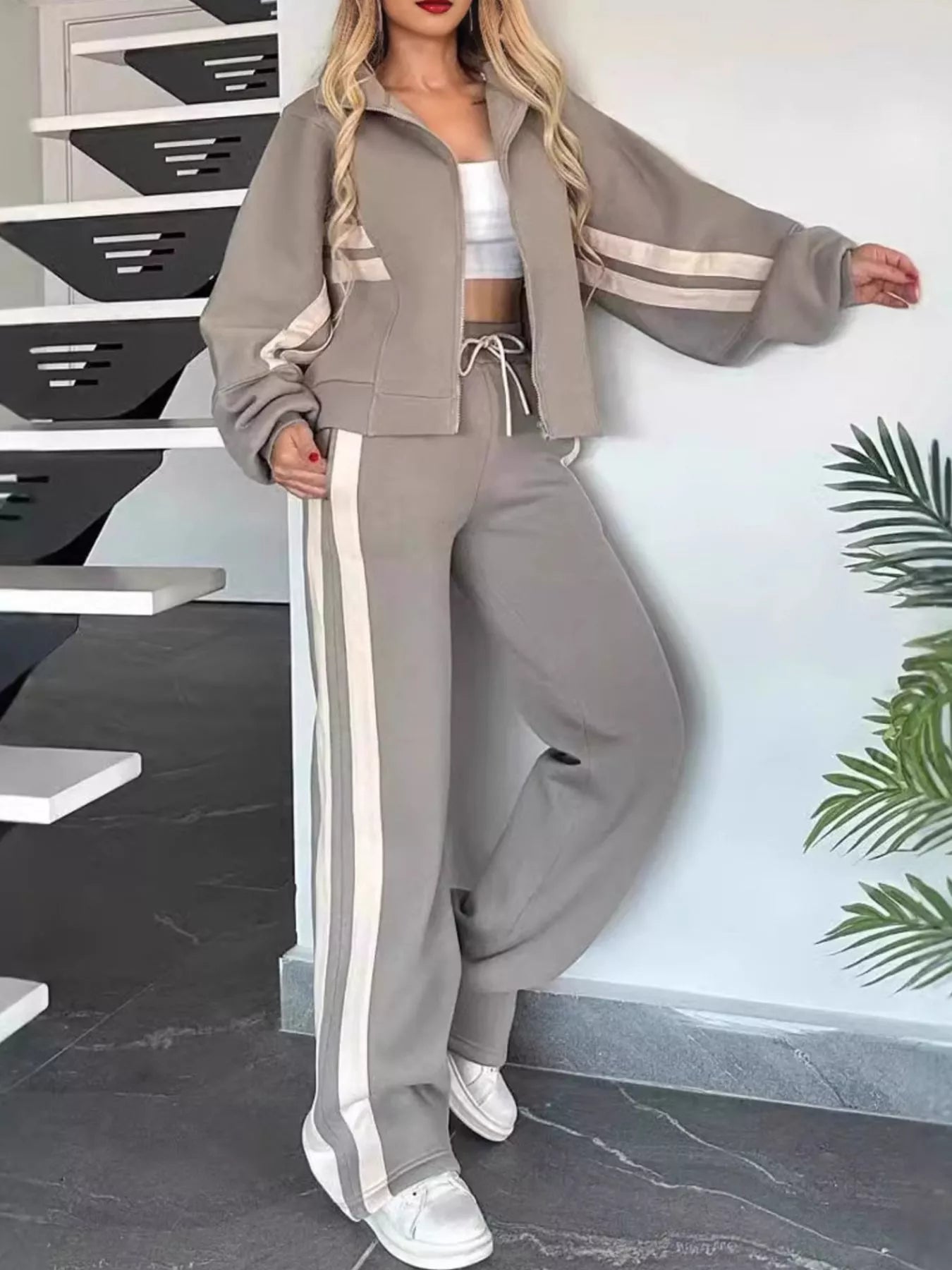 Full Size Striped Zip Up Outerwear and Pants Set Plus Size - Rochelle's House LLC