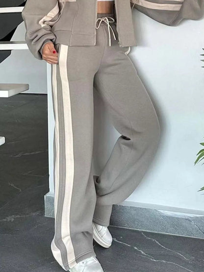 Full Size Striped Zip Up Outerwear and Pants Set Plus Size - Rochelle's House LLC