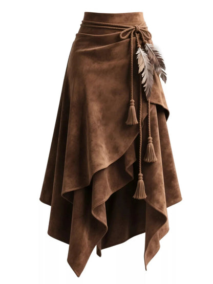 Full Size Tassel Suede Asymmetrical Skirt Plus Size - Rochelle's House LLC
