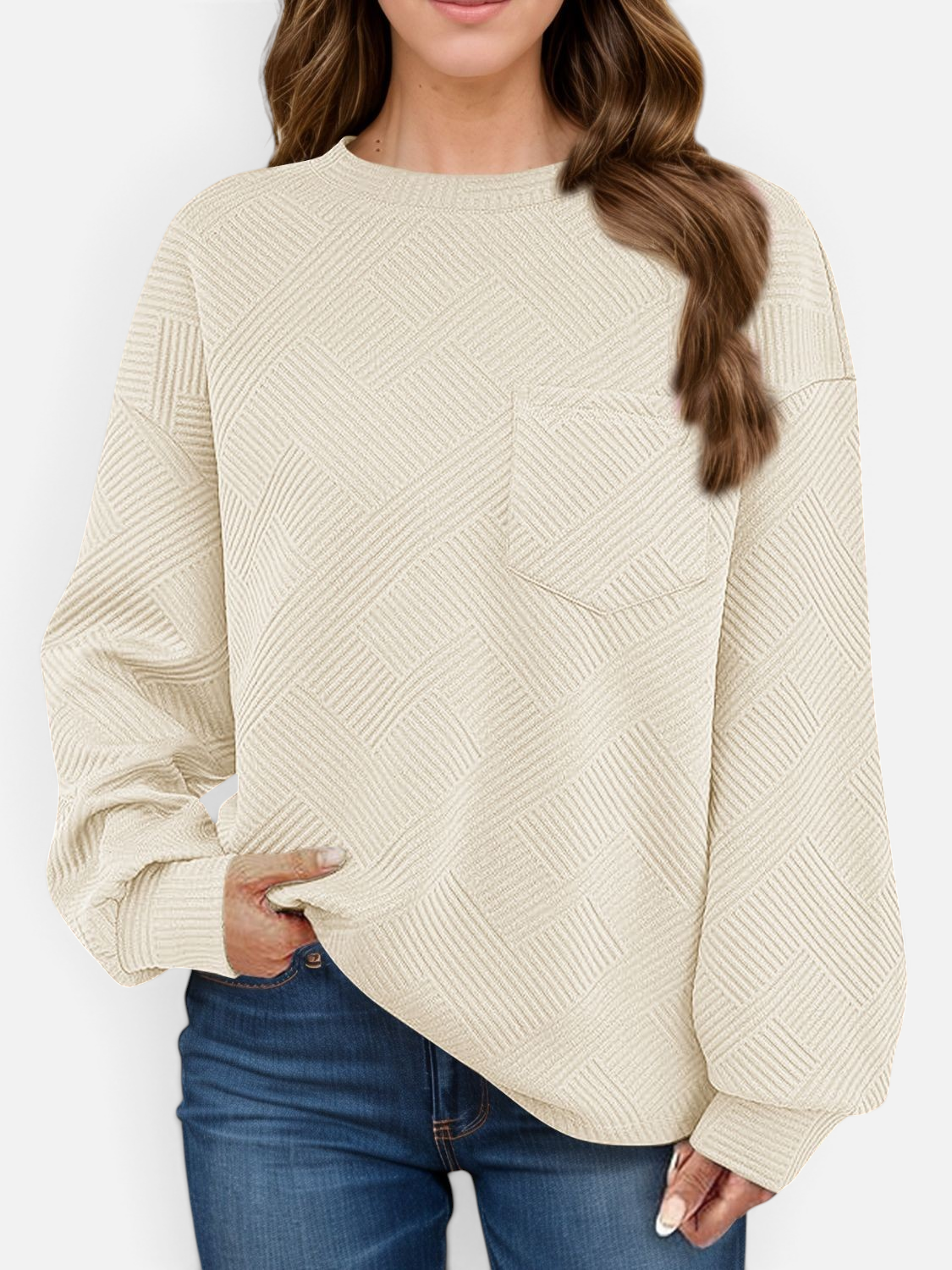 Front view of Full Size Texture Round Neck Long Sleeve Sweatshirt in Tan showing neckline and sleeve details