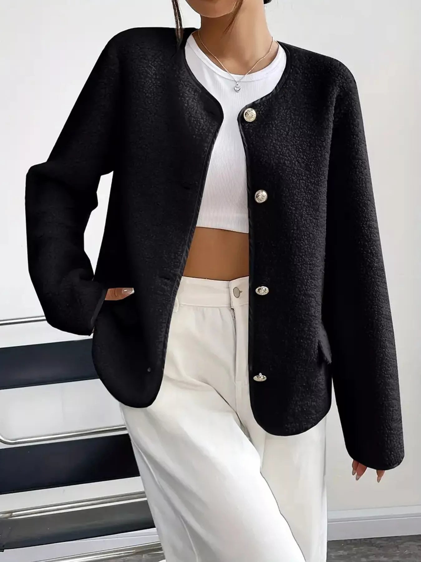 Full Size Textured Button - Up Fleece Outerwear Plus Size - Rochelle's House LLC