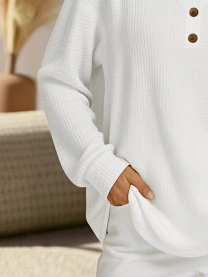 Full Size Textured Knit Decor Button Top Plus Size - Rochelle's House LLC