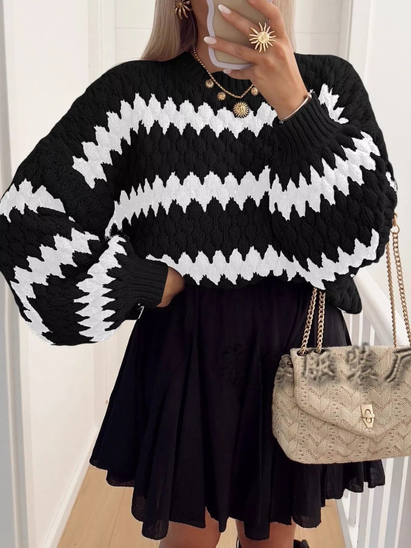 Full Size Textured Striped Round Neck Sweater Plus Size - Rochelle's House LLC