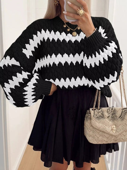 Full Size Textured Striped Round Neck Sweater Plus Size - Rochelle's House LLC