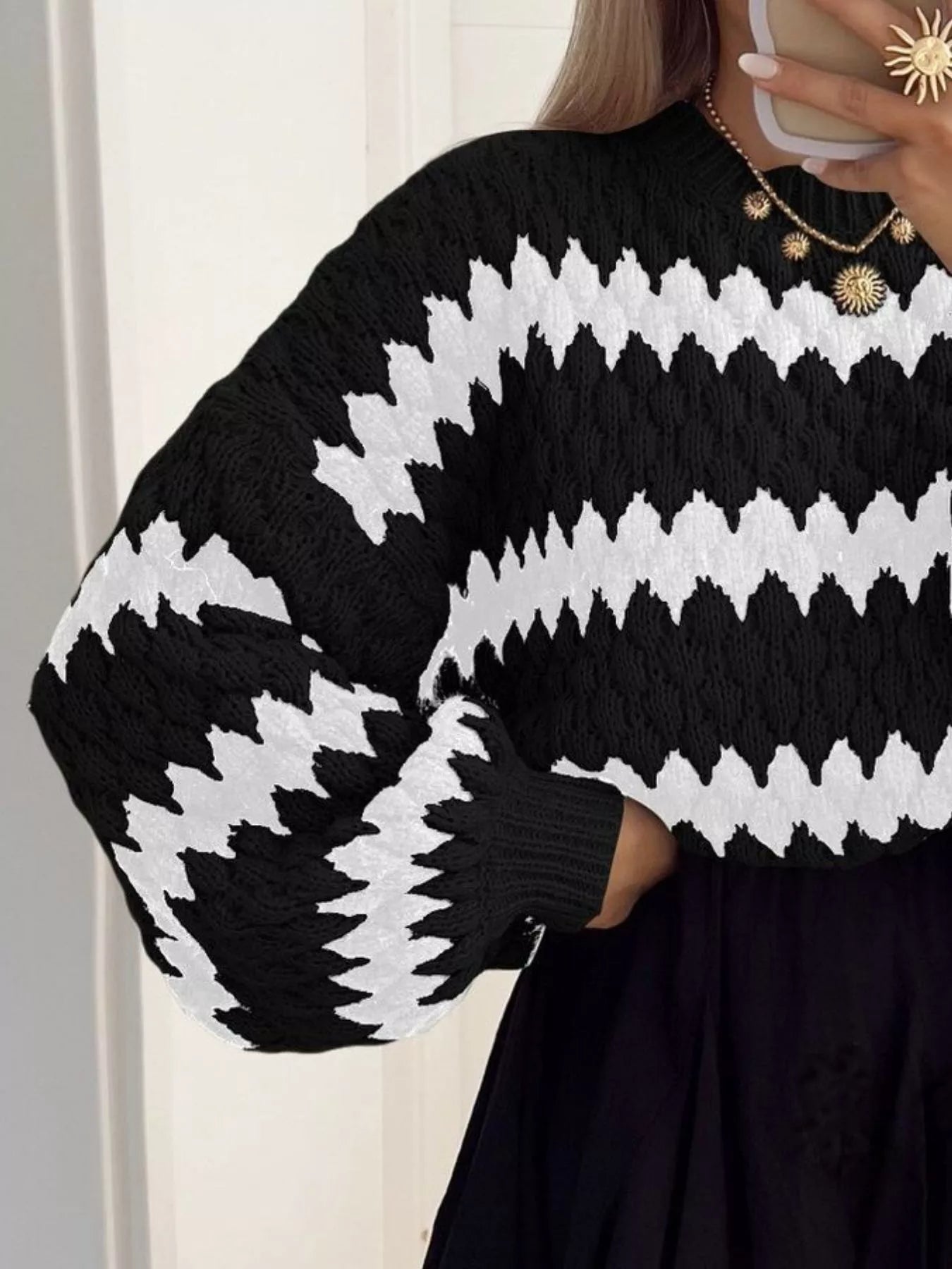 Full Size Textured Striped Round Neck Sweater Plus Size - Rochelle's House LLC