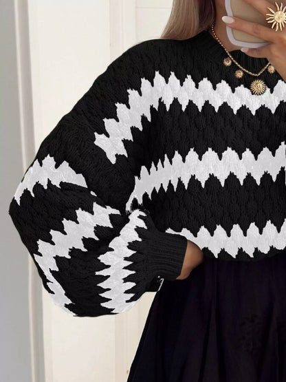 Full Size Textured Striped Round Neck Sweater Plus Size - Rochelle's House LLC