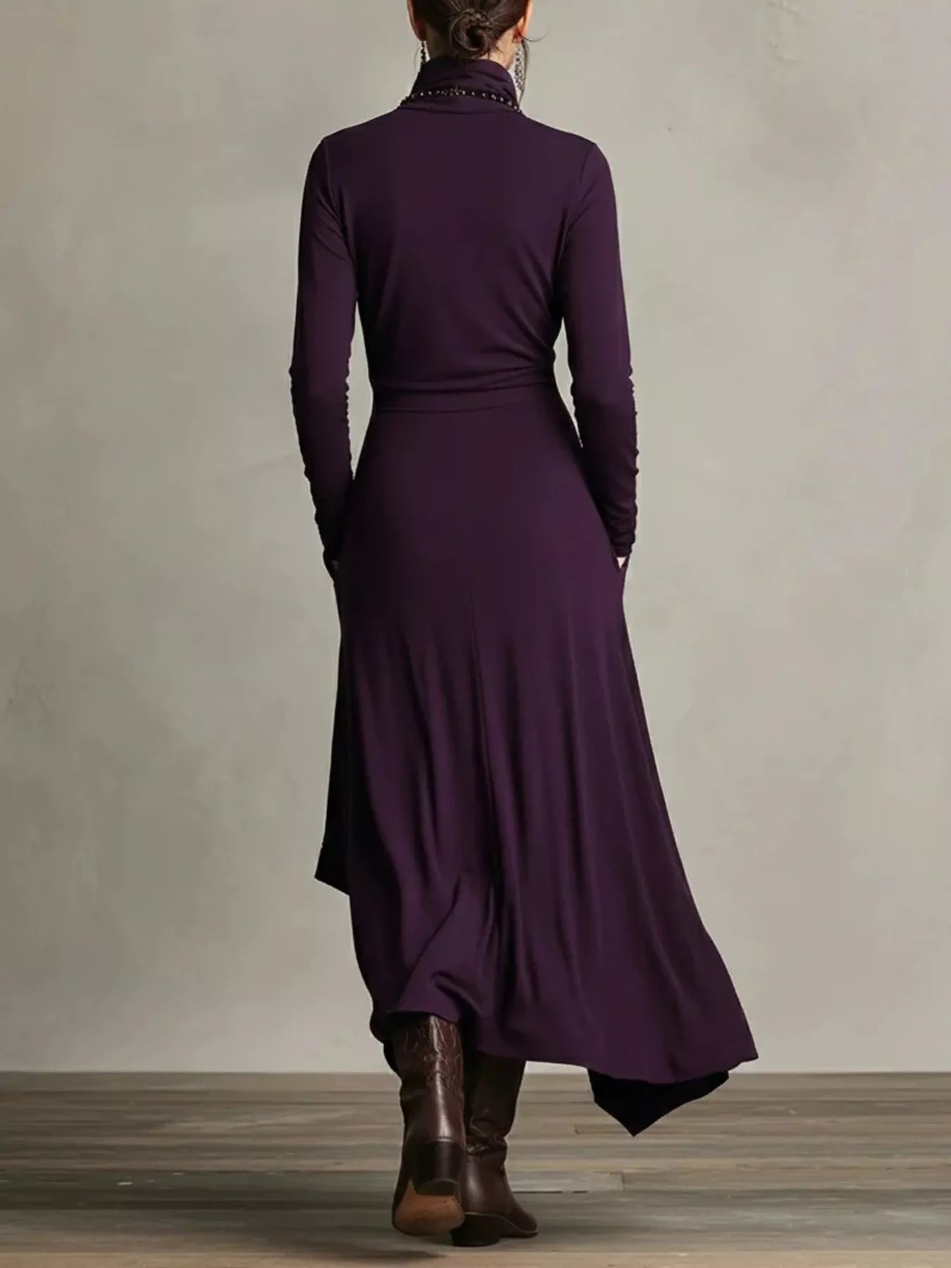 Full Size Turtleneck Asymmetrical Hem Maxi Dress Plus Size - Rochelle's House LLC