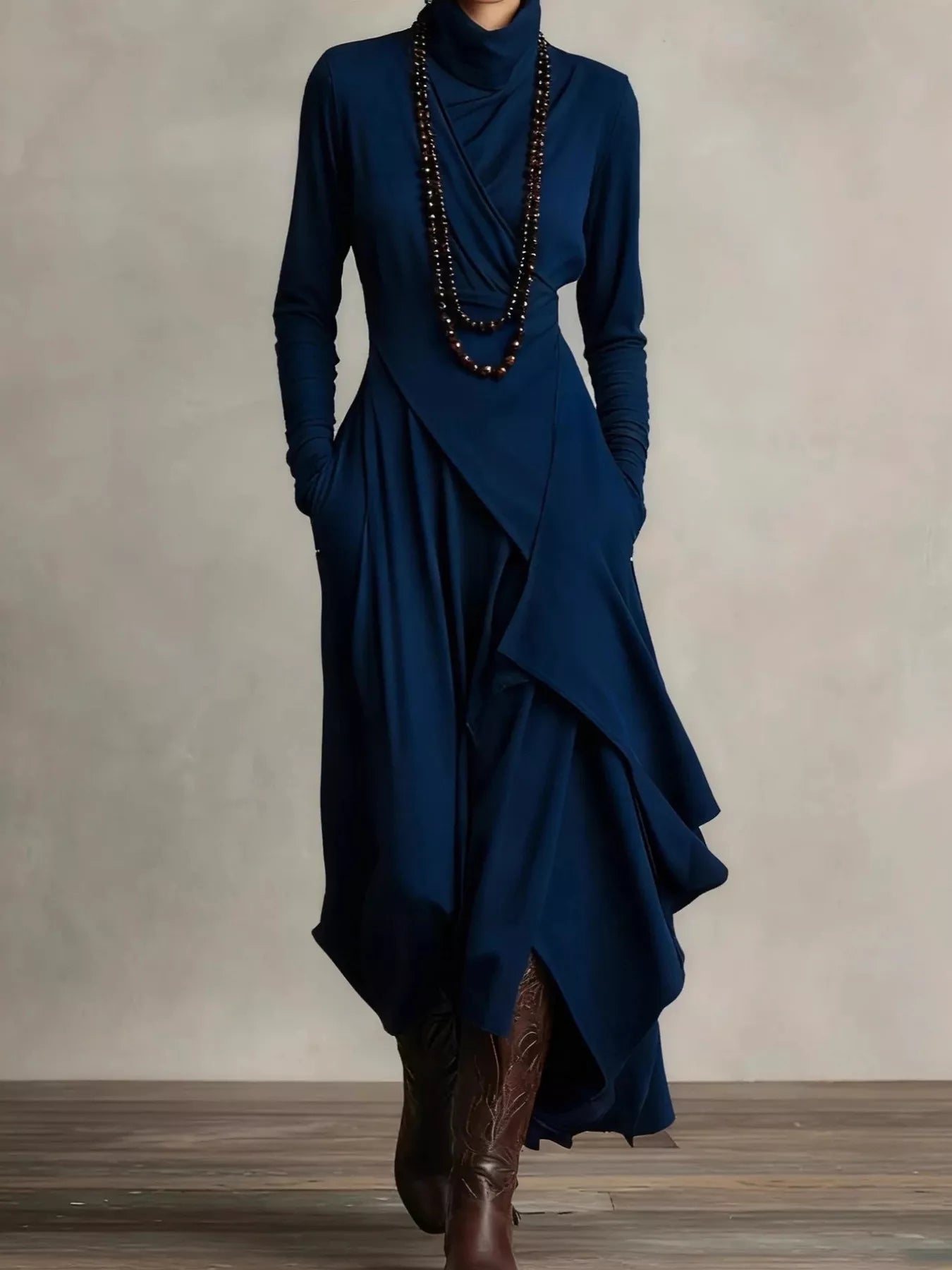 Full Size Turtleneck Asymmetrical Hem Maxi Dress Plus Size - Rochelle's House LLC