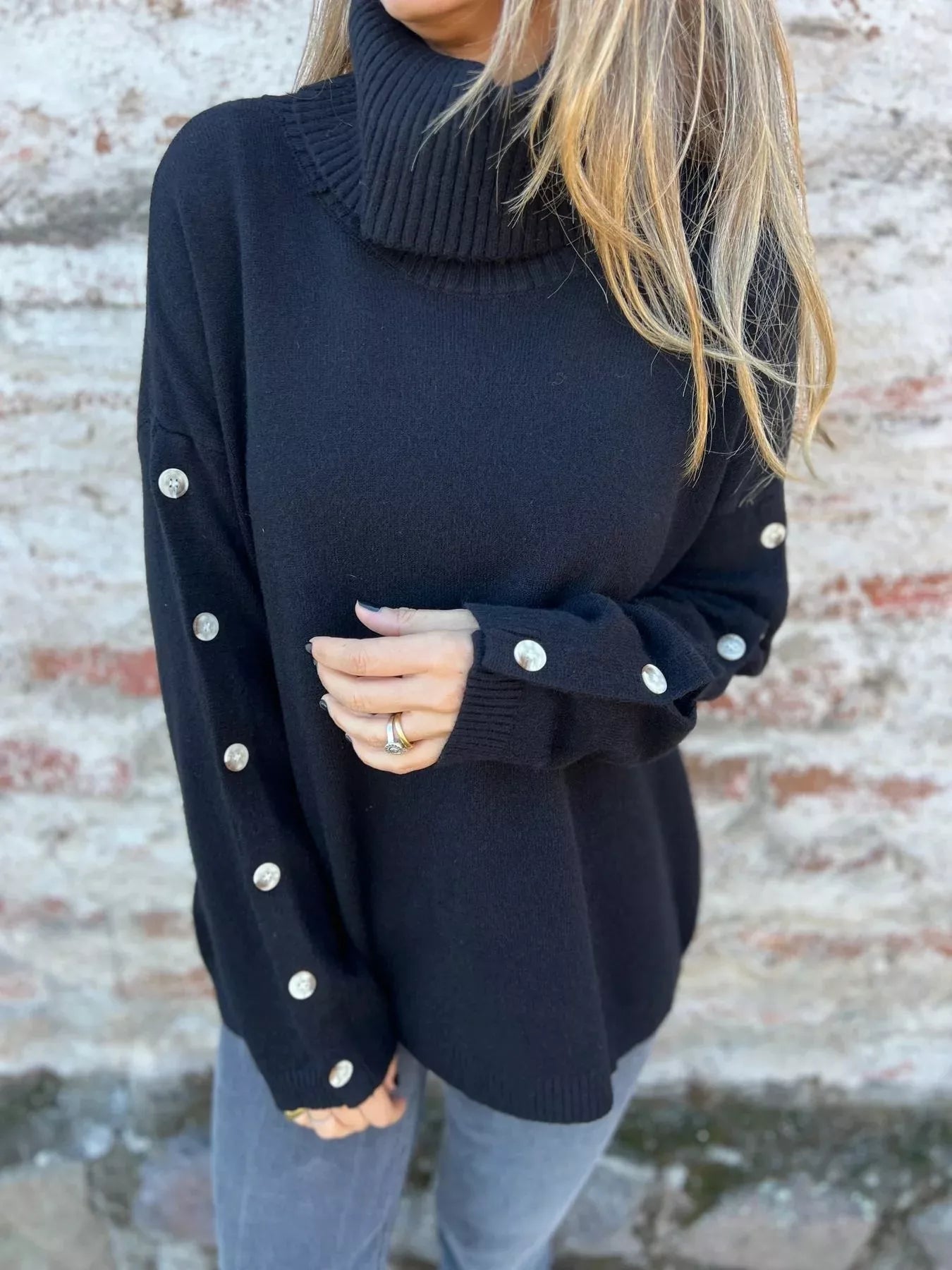 Front view of Full Size Turtleneck Long Sleeve Sweater Plus Size in Black showing neckline and sleeve details