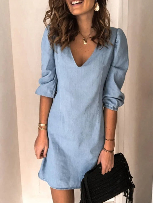 Front view of Full Size V-Neck Half Sleeve Dress in Light Blue showing neckline and sleeve details