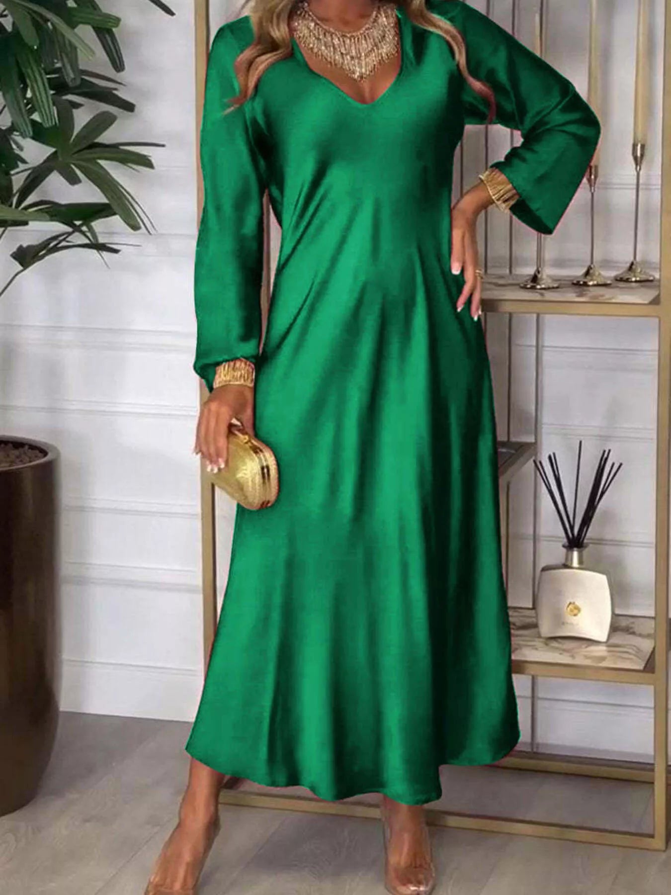 Front view of Full Size V-Neck Long Sleeve Midi Dress Plus Size in Green showing neckline and sleeve details
