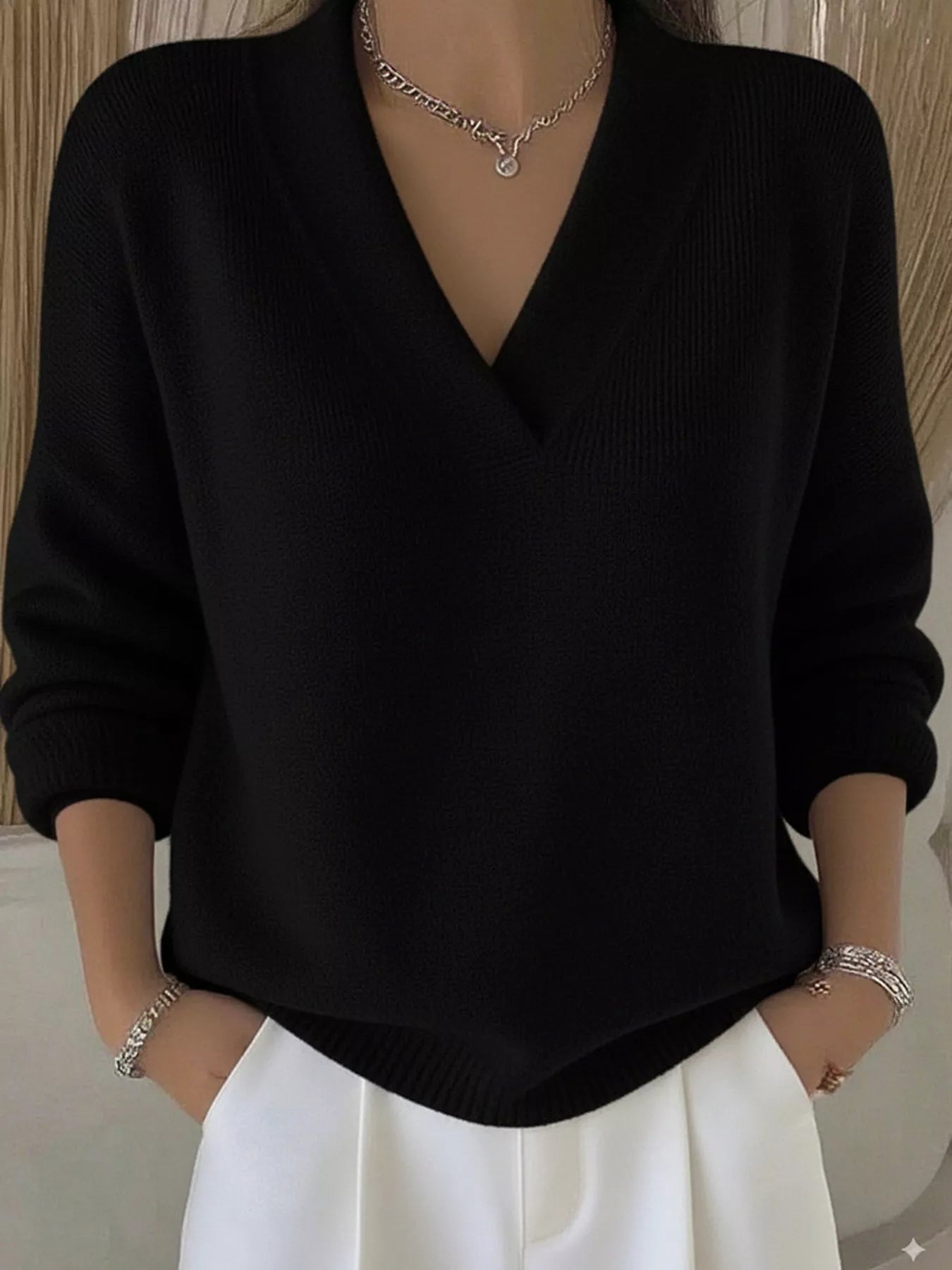 Full Size V - Neck Long Sleeve Sweater Plus Size - Rochelle's House LLC