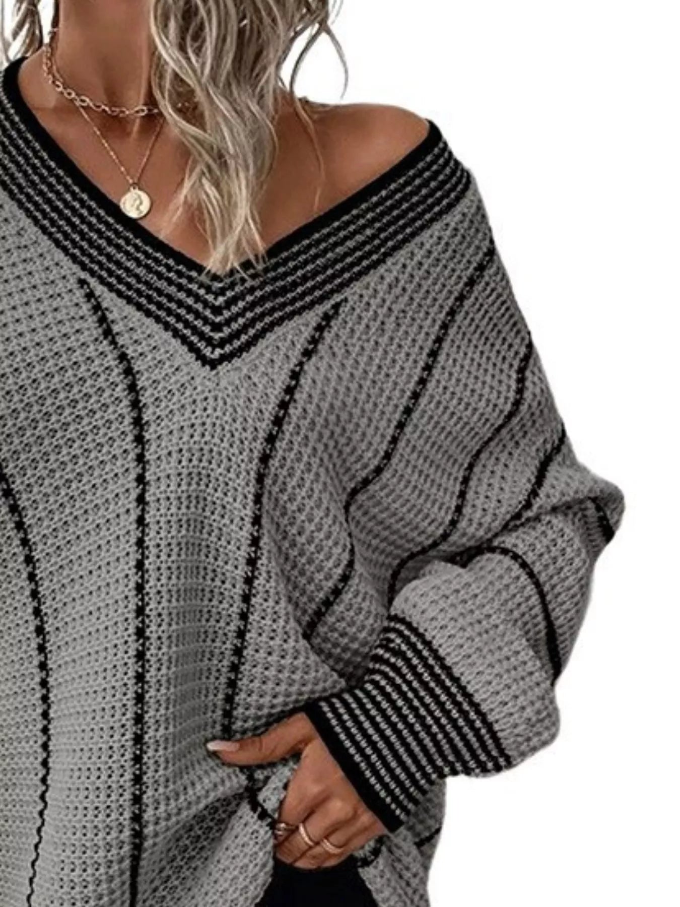 Full Size V - Neck Textured Knit Sweater Plus Size - Rochelle's House LLC