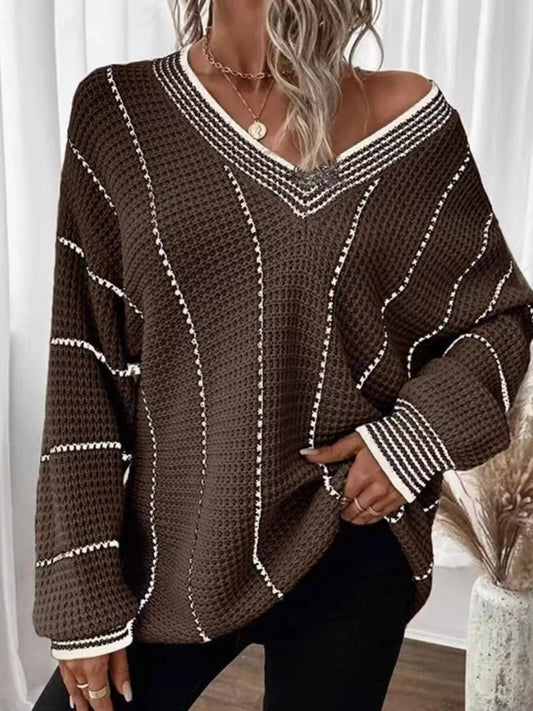 Full Size V - Neck Textured Knit Sweater Plus Size - Rochelle's House LLC