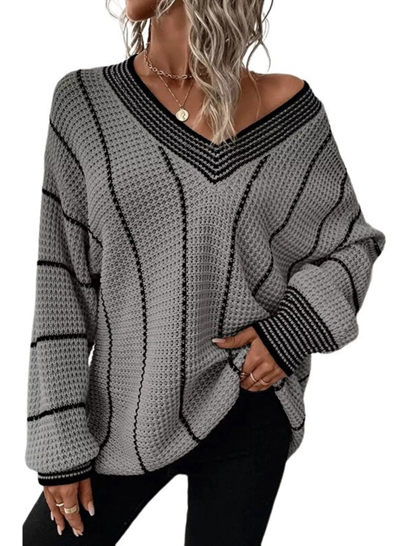 Full Size V - Neck Textured Knit Sweater Plus Size - Rochelle's House LLC