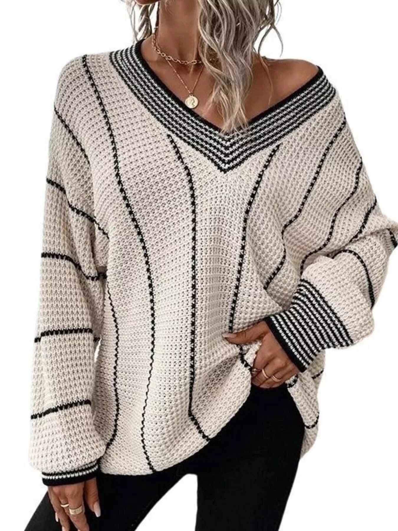 Full Size V - Neck Textured Knit Sweater Plus Size - Rochelle's House LLC