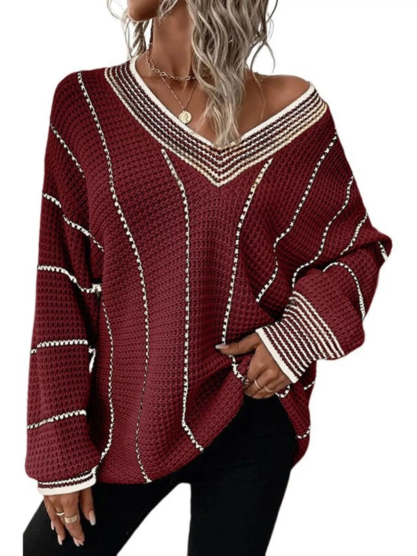 Full Size V - Neck Textured Knit Sweater Plus Size - Rochelle's House LLC