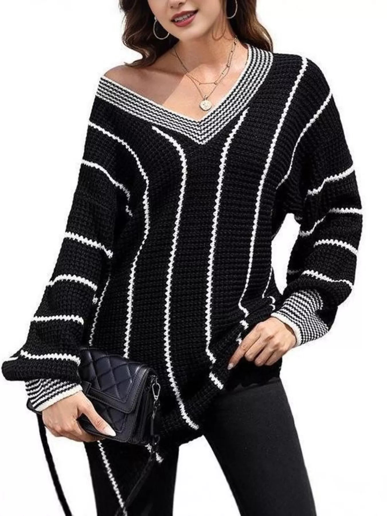 Full Size V - Neck Textured Knit Sweater Plus Size - Rochelle's House LLC