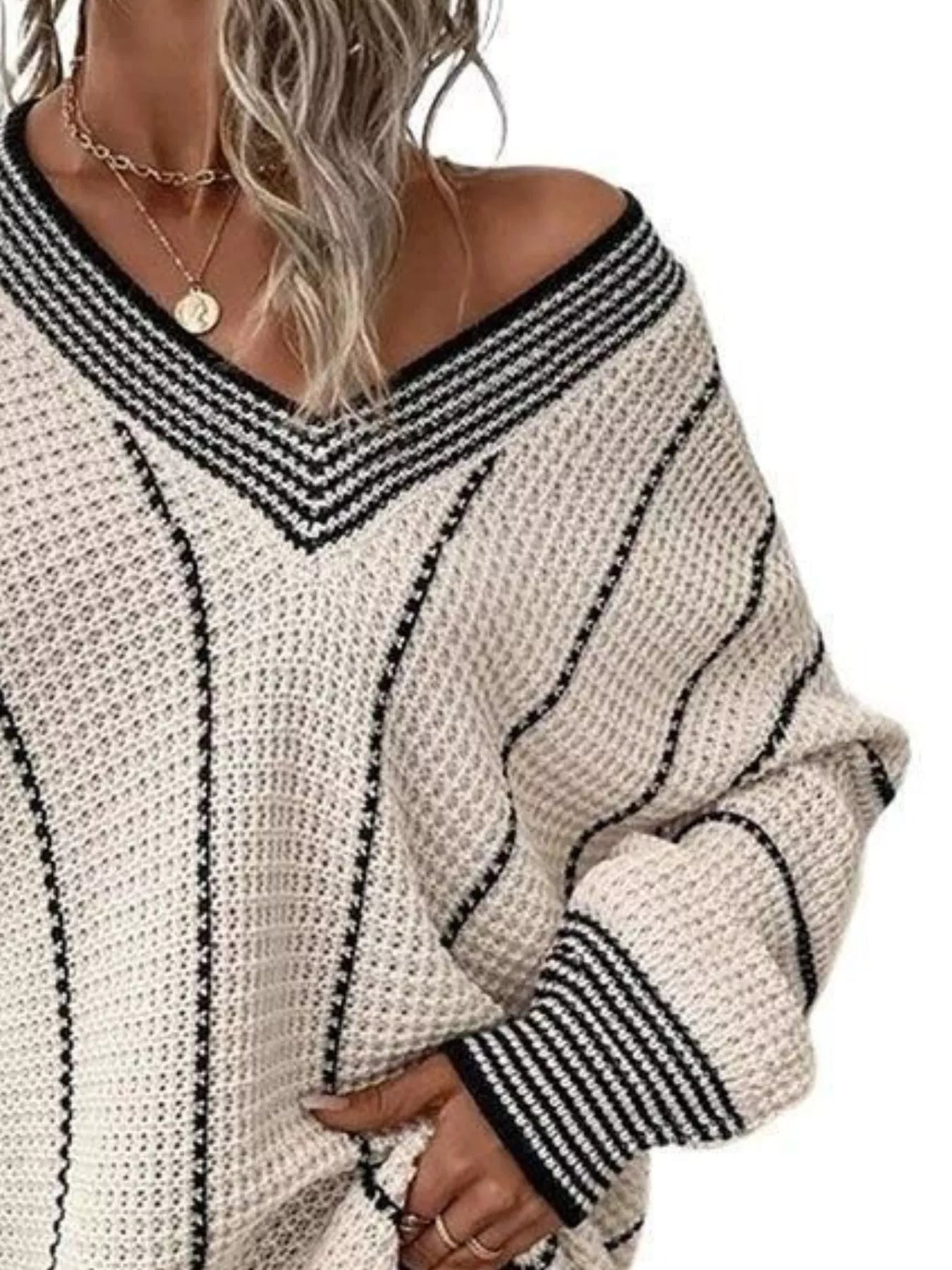 Full Size V - Neck Textured Knit Sweater Plus Size - Rochelle's House LLC