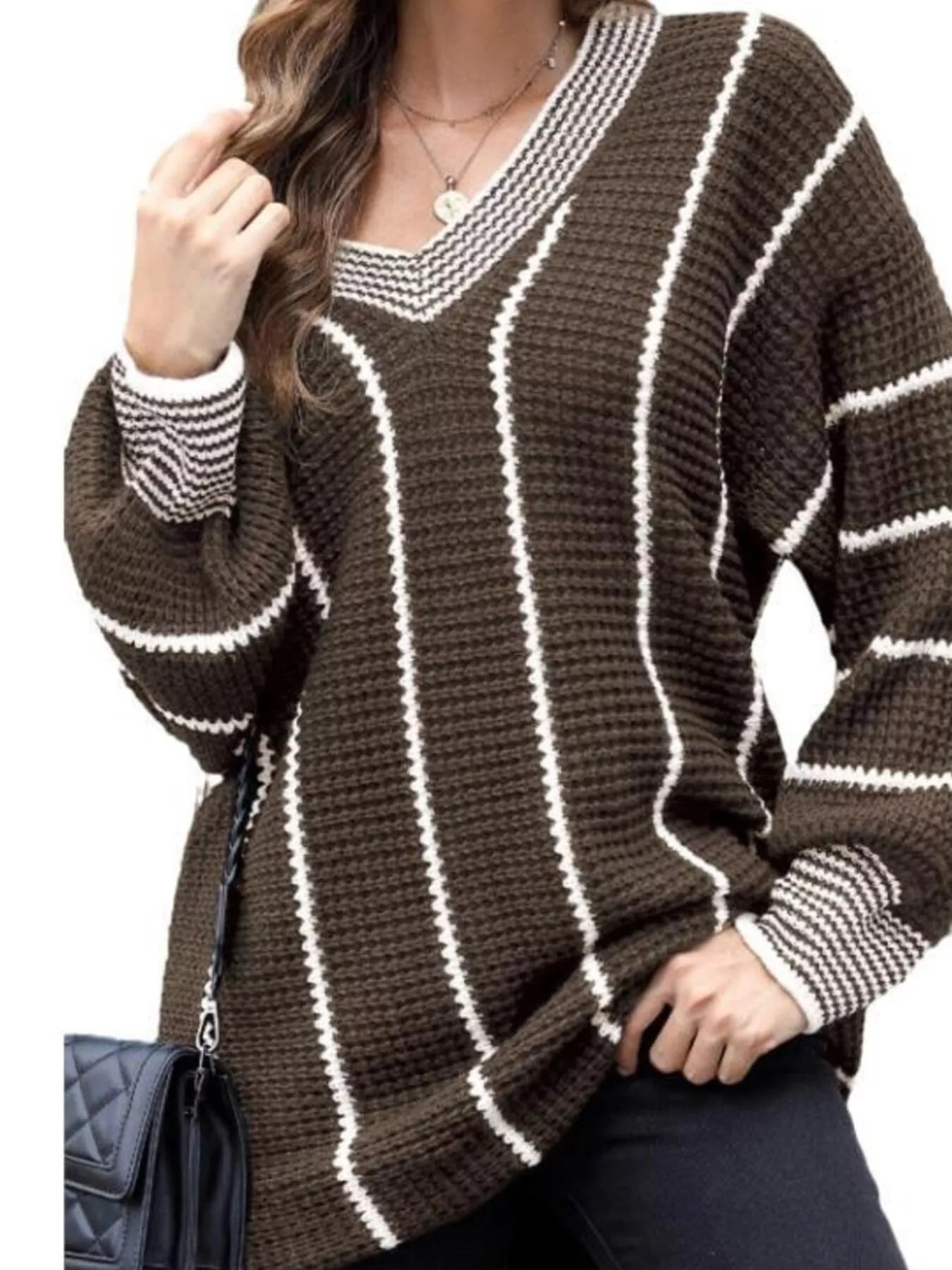 Full Size V - Neck Textured Knit Sweater Plus Size - Rochelle's House LLC