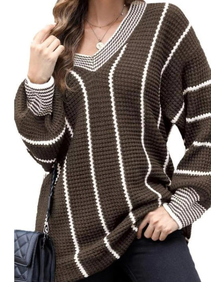 Full Size V - Neck Textured Knit Sweater Plus Size - Rochelle's House LLC