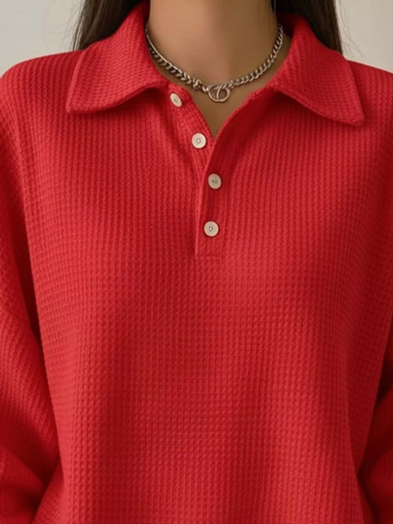 Full Size Waffle Knit Button Detail Sweatshirt Plus Size - Rochelle's House LLC