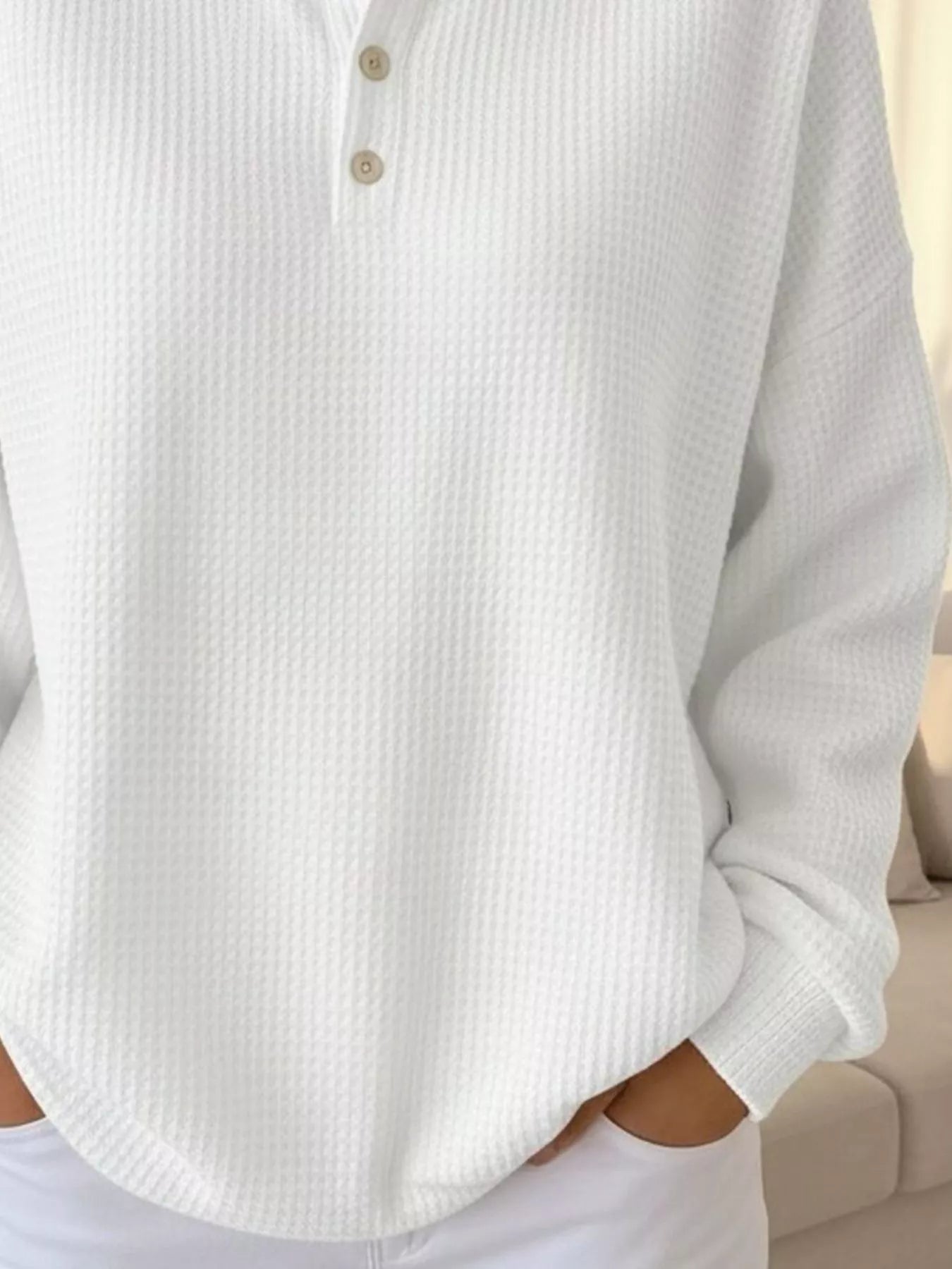 Full Size Waffle Knit Button Detail Sweatshirt Plus Size - Rochelle's House LLC