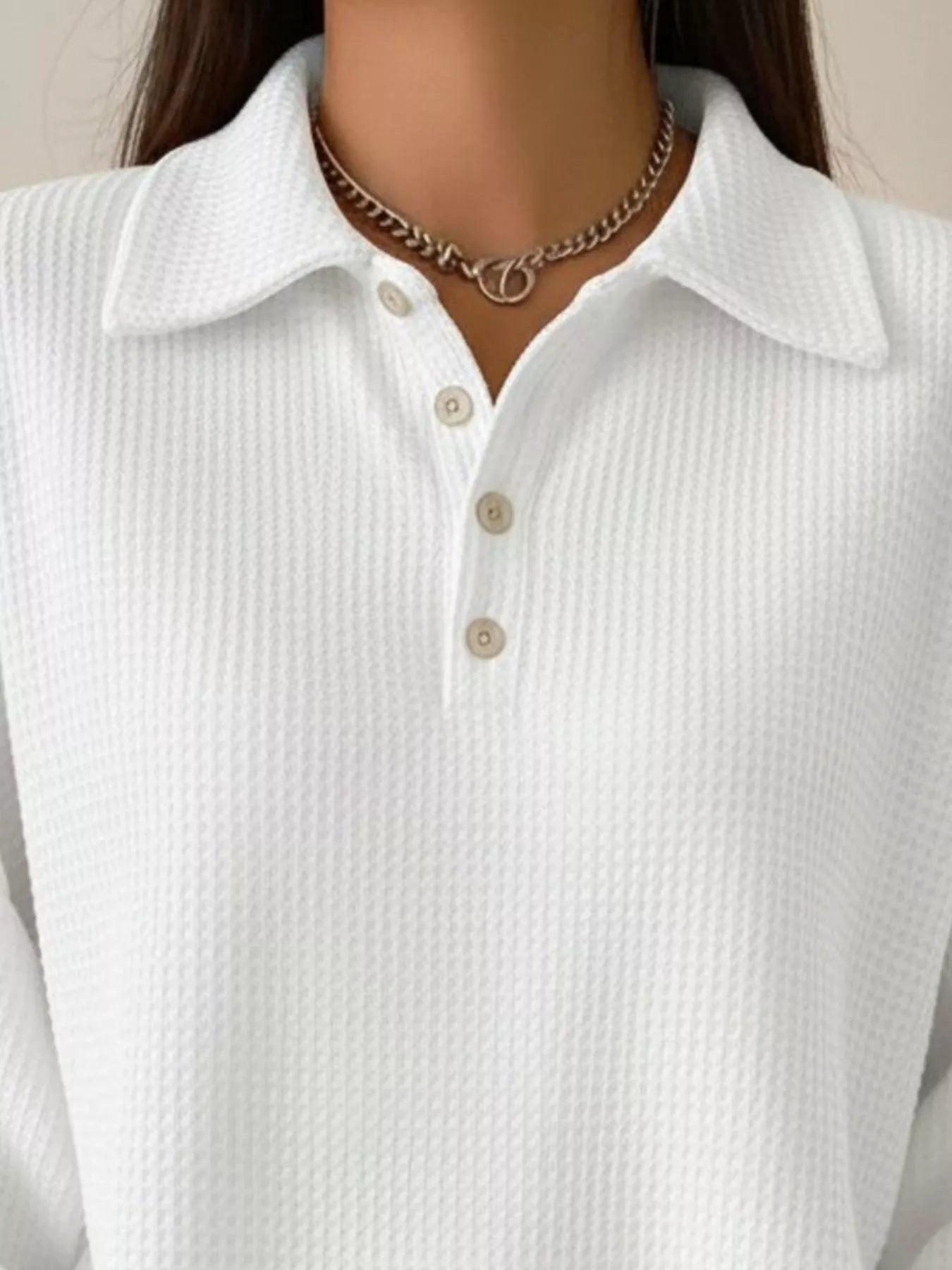 Full Size Waffle Knit Button Detail Sweatshirt Plus Size - Rochelle's House LLC