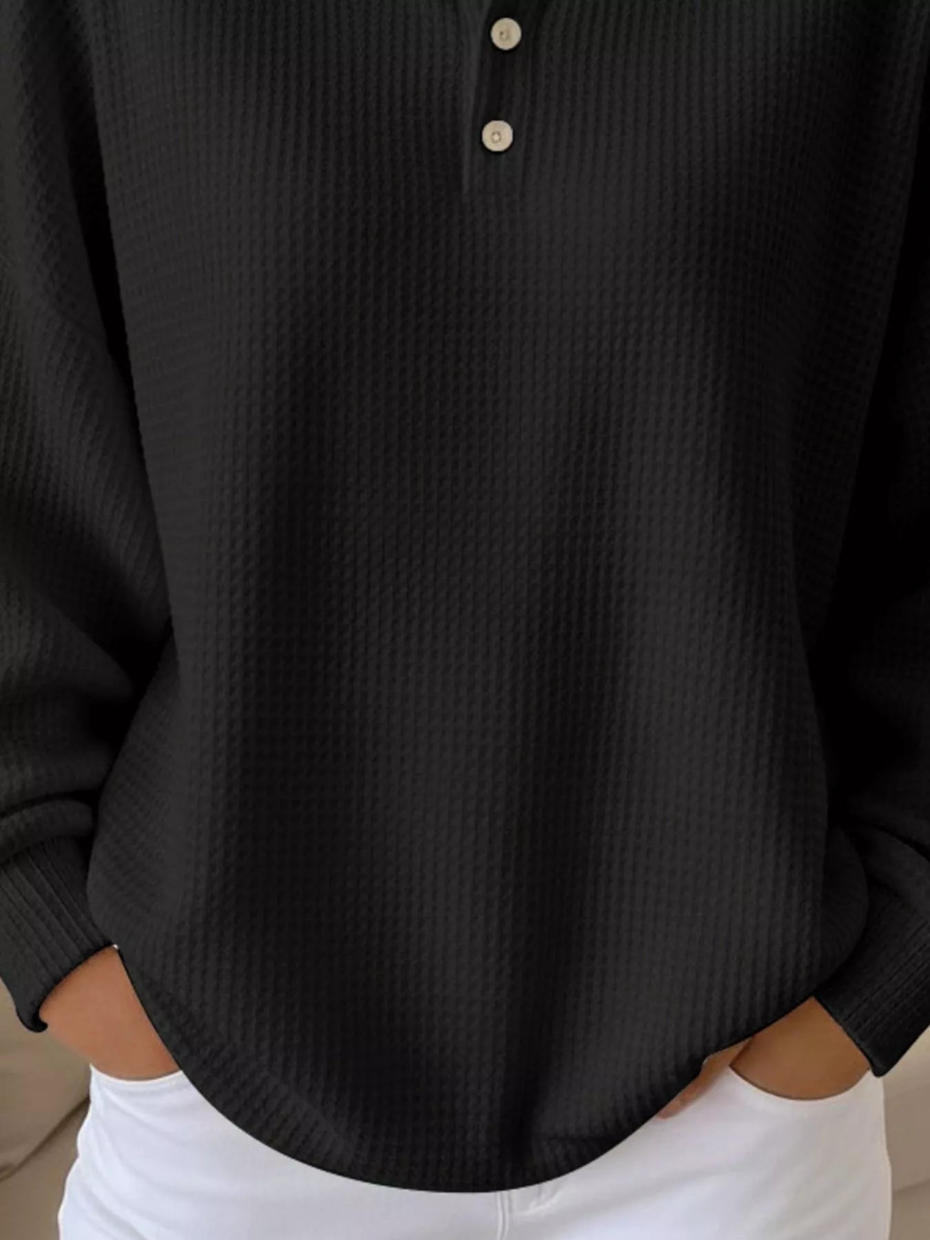 Full Size Waffle Knit Button Detail Sweatshirt Plus Size - Rochelle's House LLC