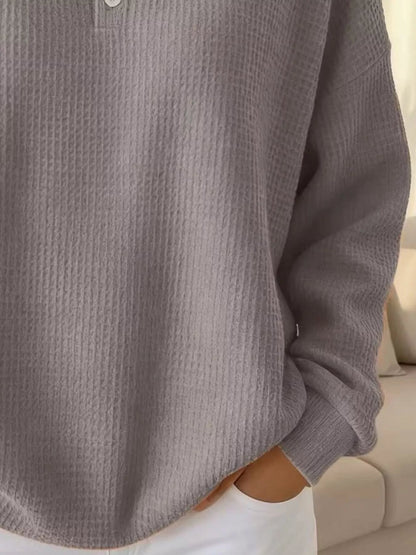 Full Size Waffle Knit Button Detail Sweatshirt Plus Size - Rochelle's House LLC