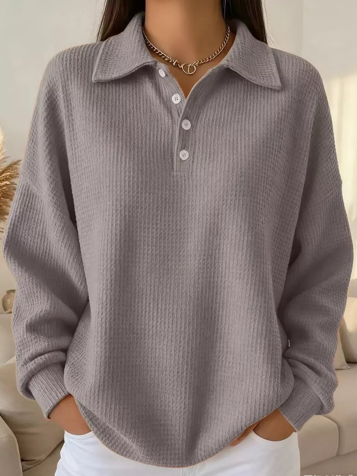 Full Size Waffle Knit Button Detail Sweatshirt Plus Size - Rochelle's House LLC
