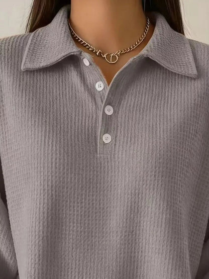 Full Size Waffle Knit Button Detail Sweatshirt Plus Size - Rochelle's House LLC