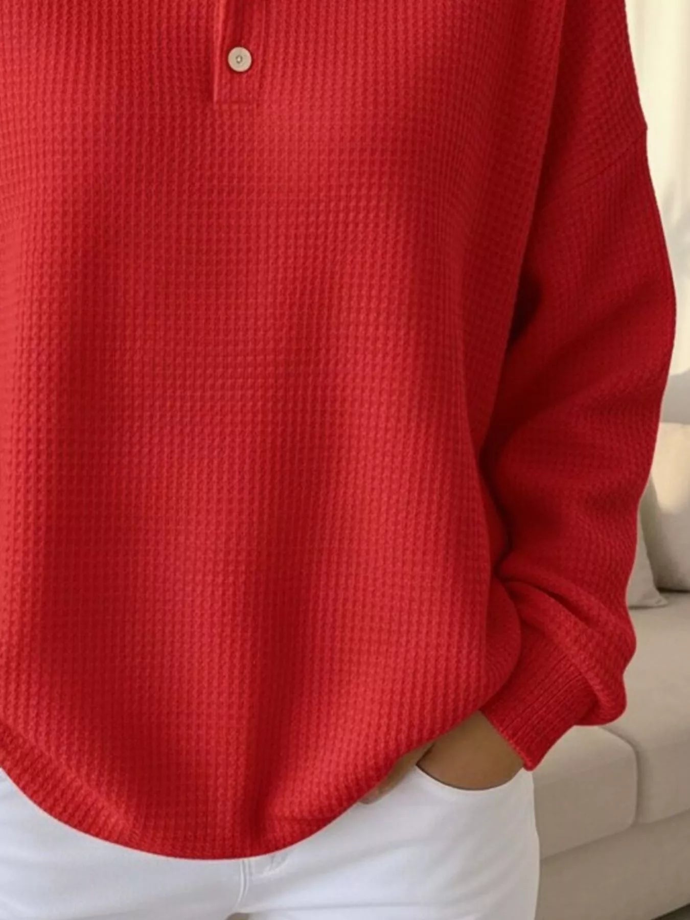Full Size Waffle Knit Button Detail Sweatshirt Plus Size - Rochelle's House LLC