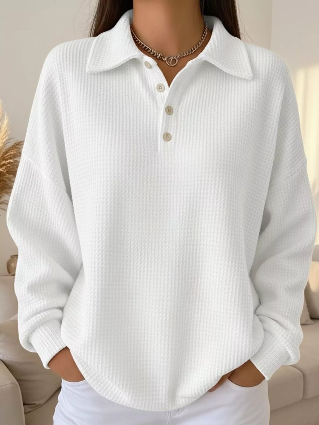Full Size Waffle Knit Button Detail Sweatshirt Plus Size - Rochelle's House LLC