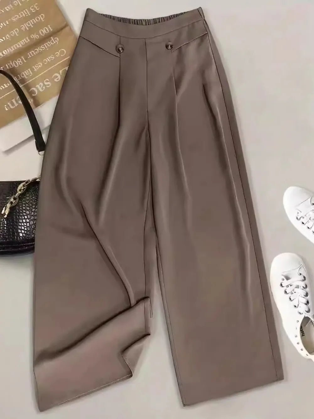 Front view of Full Size Wide Leg Pants in Coffee Brown showing neckline and sleeve details