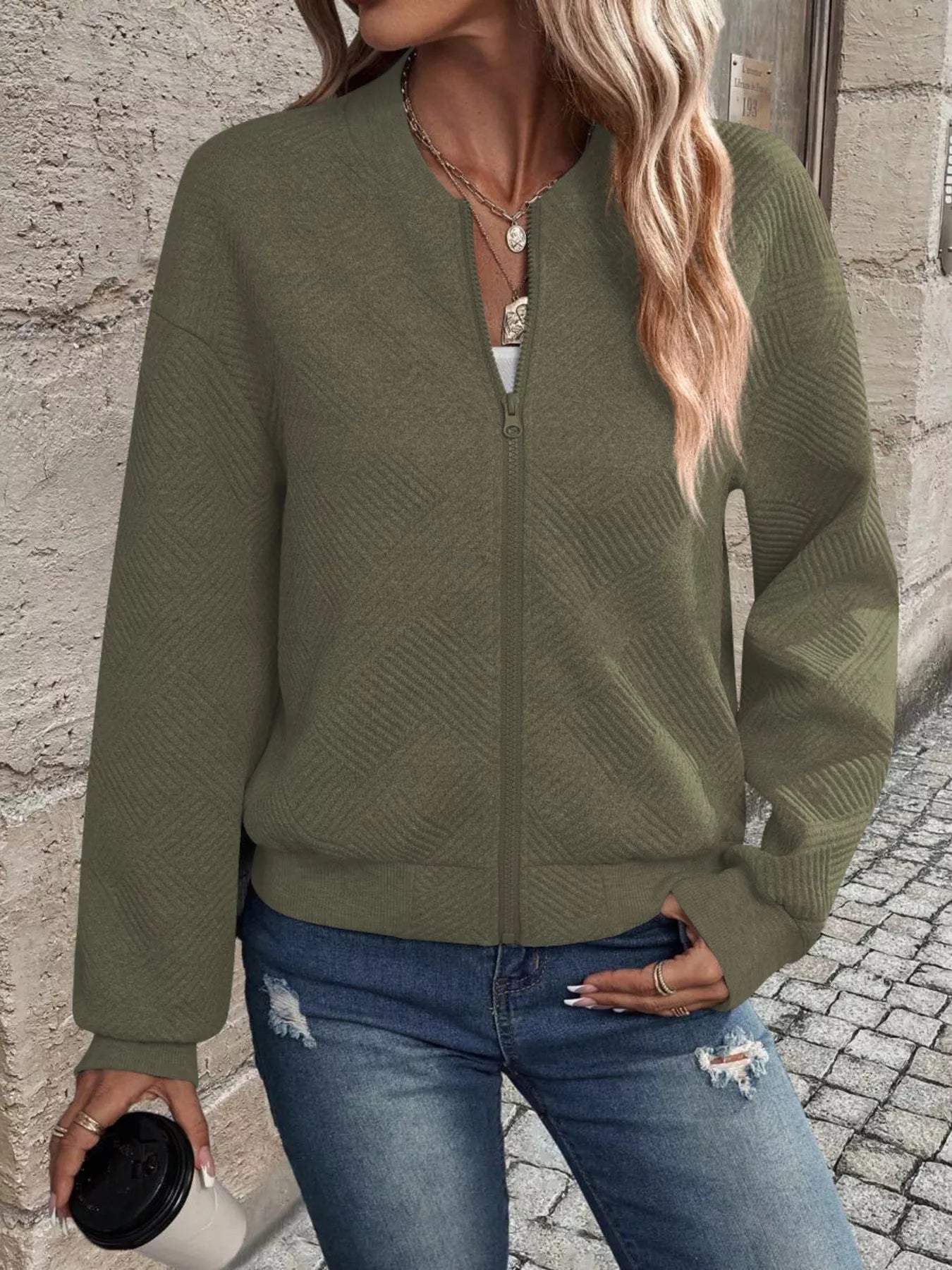 Full Size Zip Up Long Sleeve Textured Jacket Plus Size - Rochelle's House LLC